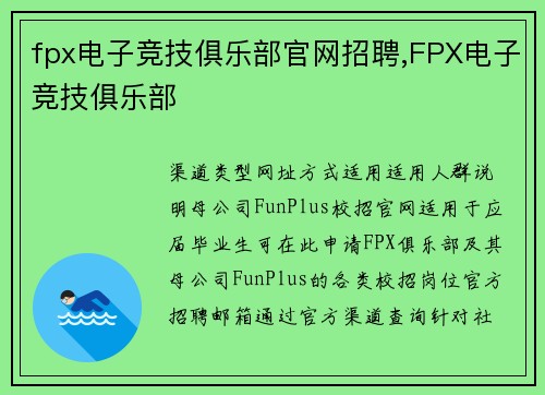 fpx电子竞技俱乐部官网招聘,FPX电子竞技俱乐部